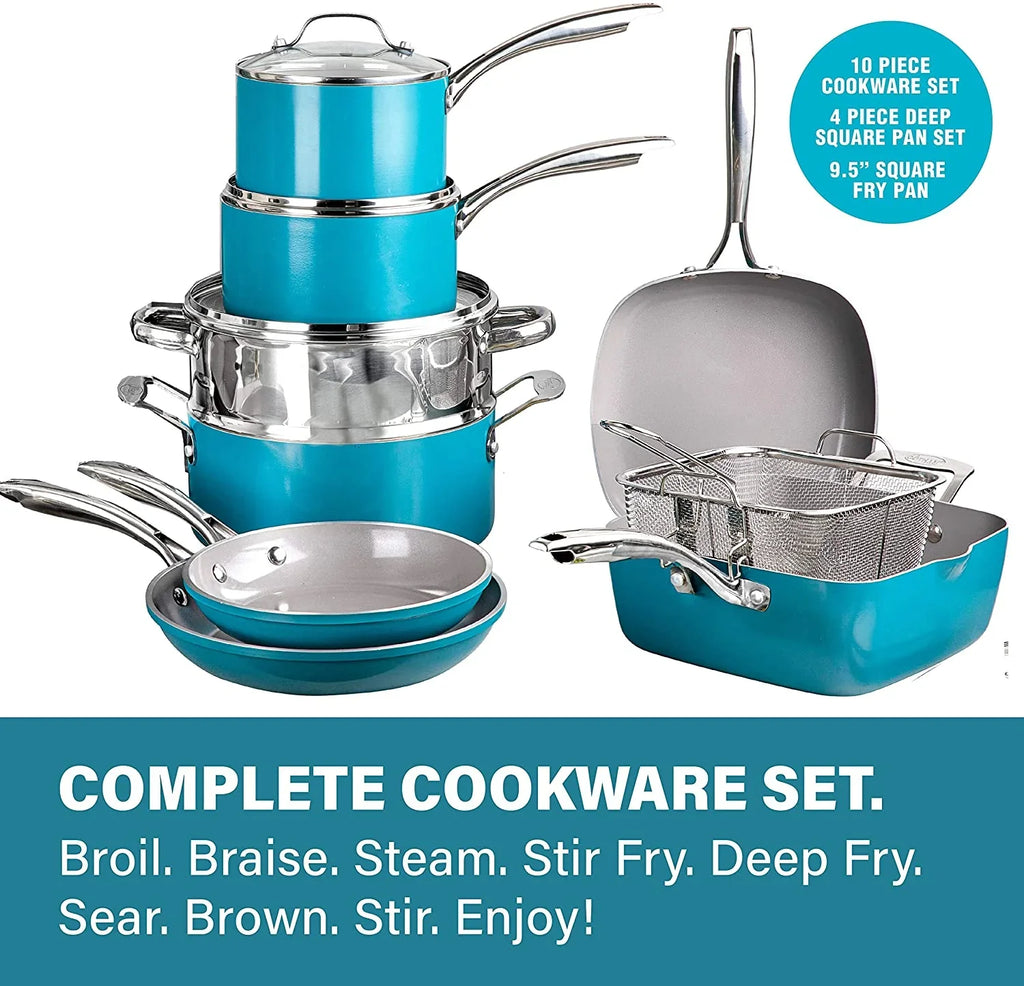 Gotham Steel Nonstick Pots and Pans 20 Piece Kitchen Ceramic Cookware Set Bakeware Cooking Frying Skillet Sauce Pan Aqua Blue - image 7