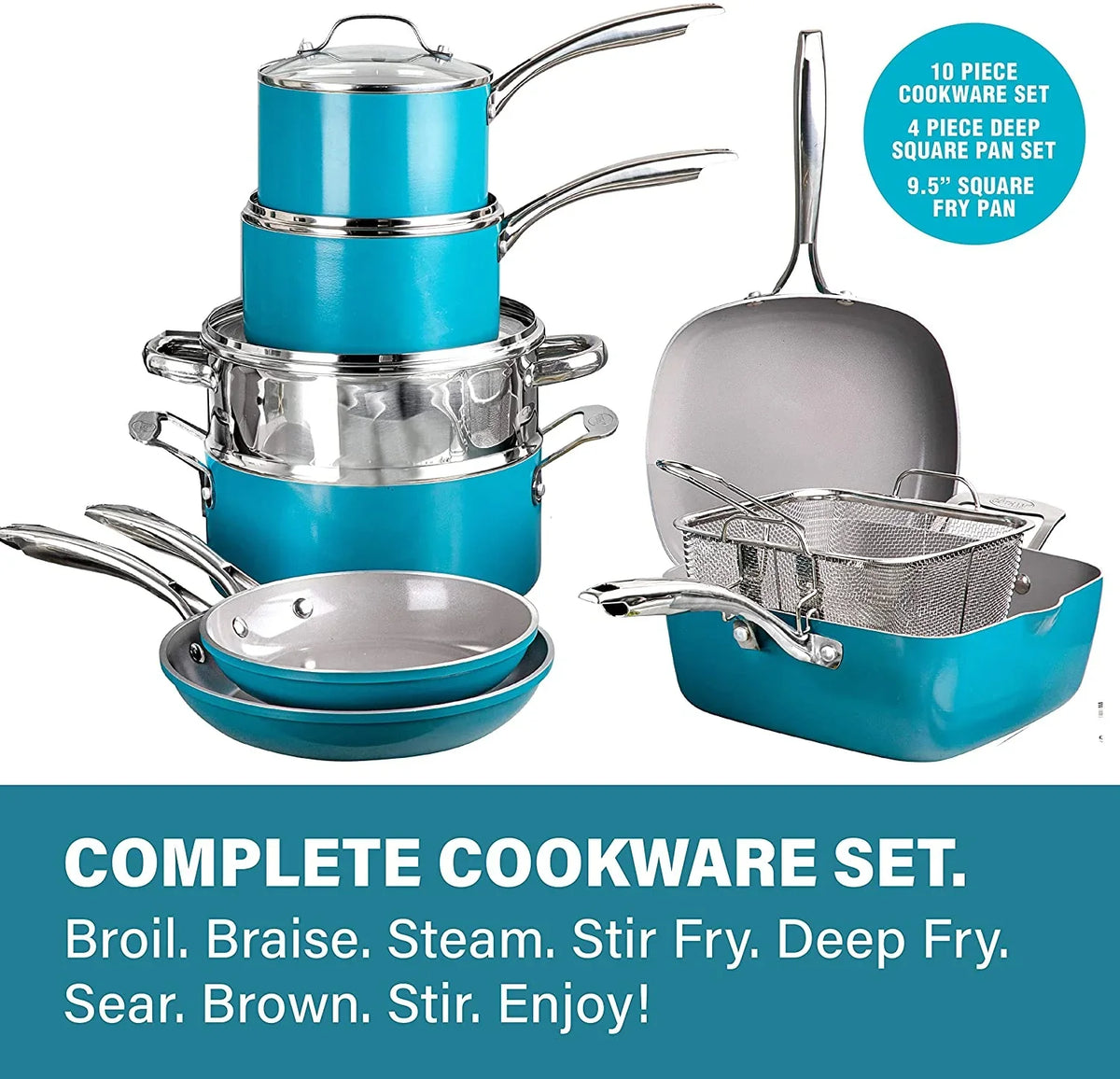 Gotham Steel Nonstick Pots and Pans 20 Piece Kitchen Ceramic Cookware Set Bakeware Cooking Frying Skillet Sauce Pan Aqua Blue - image 7