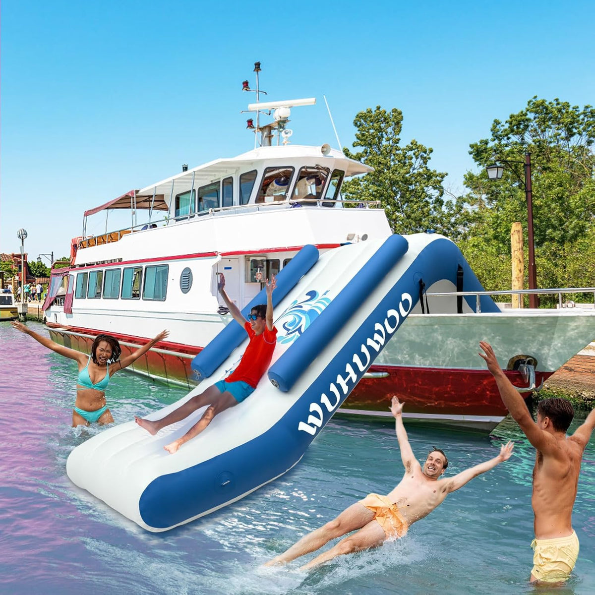 Pontoon Waterfall Slide, Inflatable Pontoon Boat Water Slide for Kids Backyard Pool Sea, Electric Air Pump & Storage Bag - image 7
