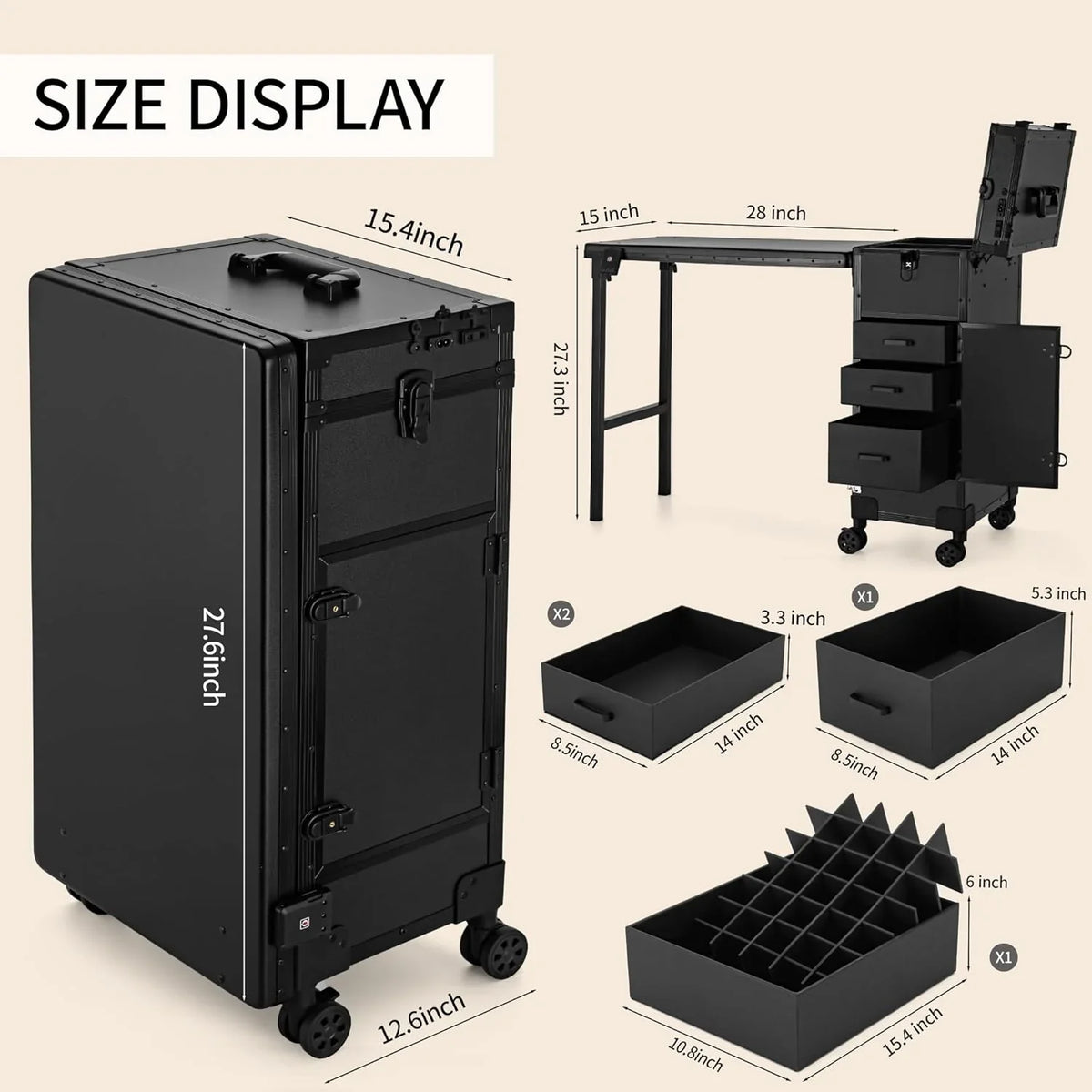 Rolling Manicure Table with Drawers, Bluetooth Speaker, LED Mirror, TSA Lock - image 3