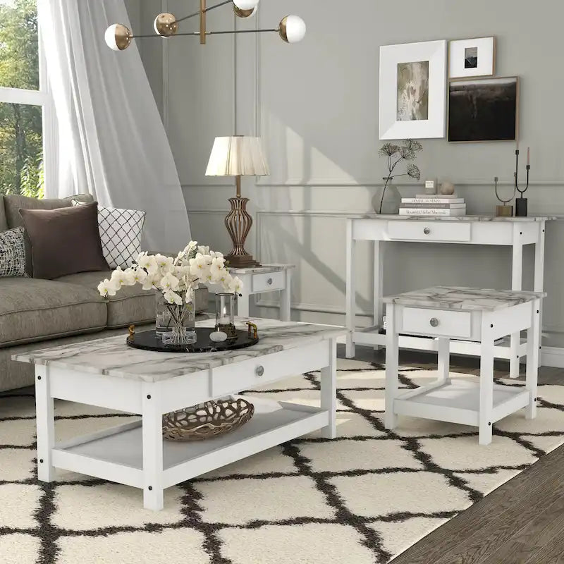 Denhour DH BASIC 4-Piece Open-Shelf Coffee Table Set with Drawer in Transitional Rubberwood - image 3