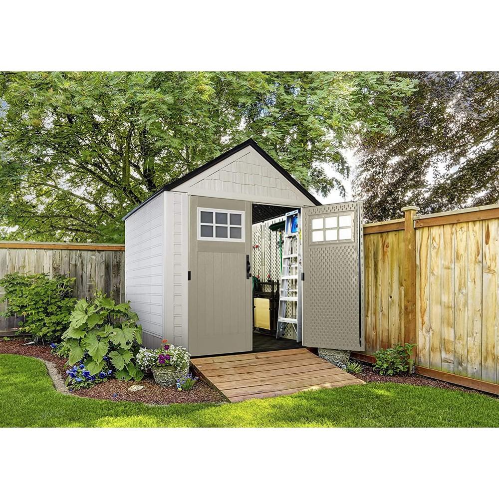Rubbermaid 7×7 Ft Durable Weather Resistant Resin Outdoor Garden Storage Shed with Windows and Utility Hooks, Sand - image 9