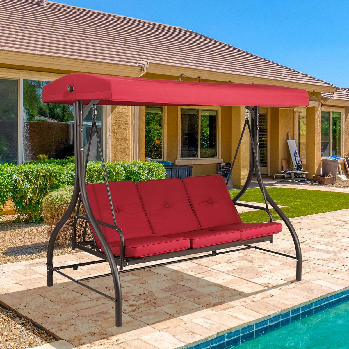 Pirecart 3 Person Patio Porch Swing Outdoor Converting Swing Glider Hammock with Adjustable Canopy, Cushions, Red - image 10