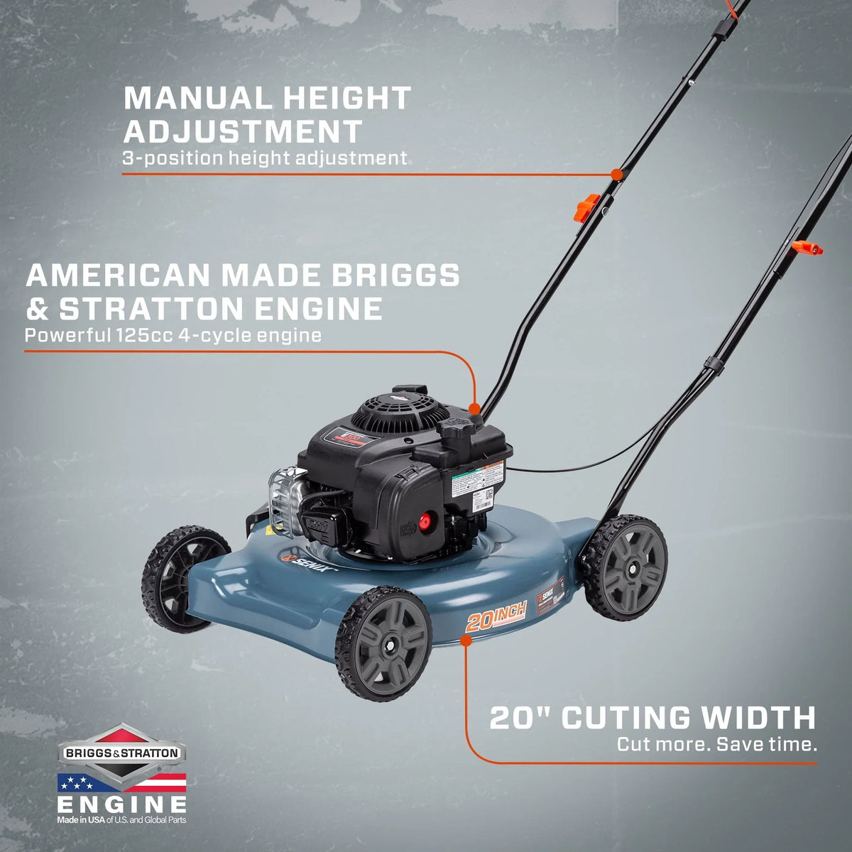 SENIX Gas Lawn Mower, 20-Inch, 125 cc 4-Cycle Briggs & Stratton Engine, Push Lawnmower with Side Discharge, 3-Position Height Adjustment, LSPG-L2, Blue - image 4