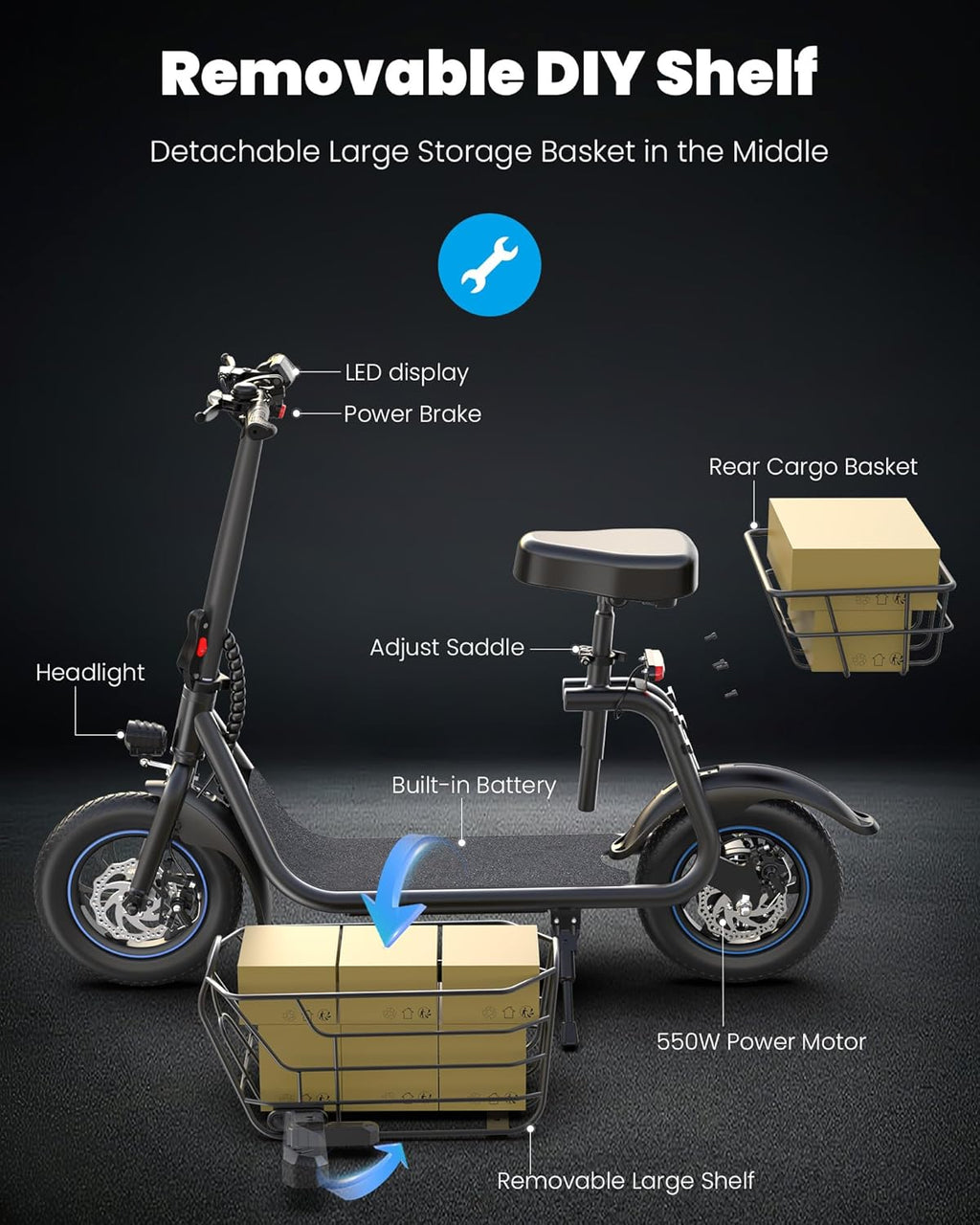 Gyroor Adult Electric Scooter with Large Center Basket 20 Mile Range Foldable and Seat - image 8