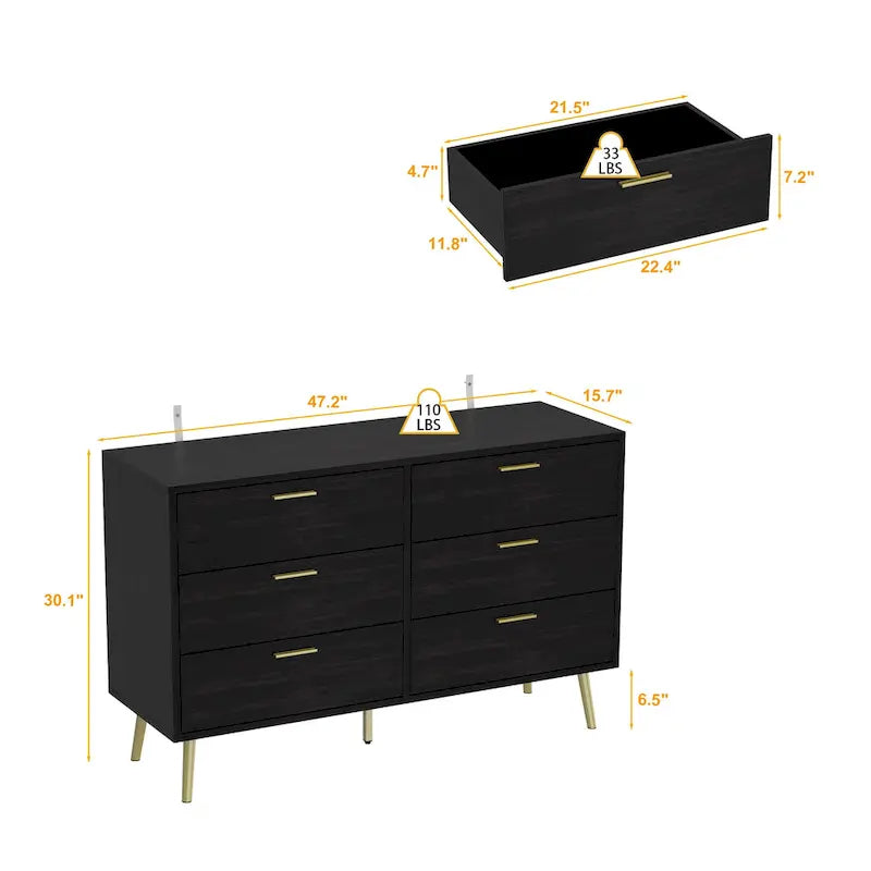 Elegant 6-Drawer Double Dresser with Gold Accents for Stylish Bedroom Storage - image 3