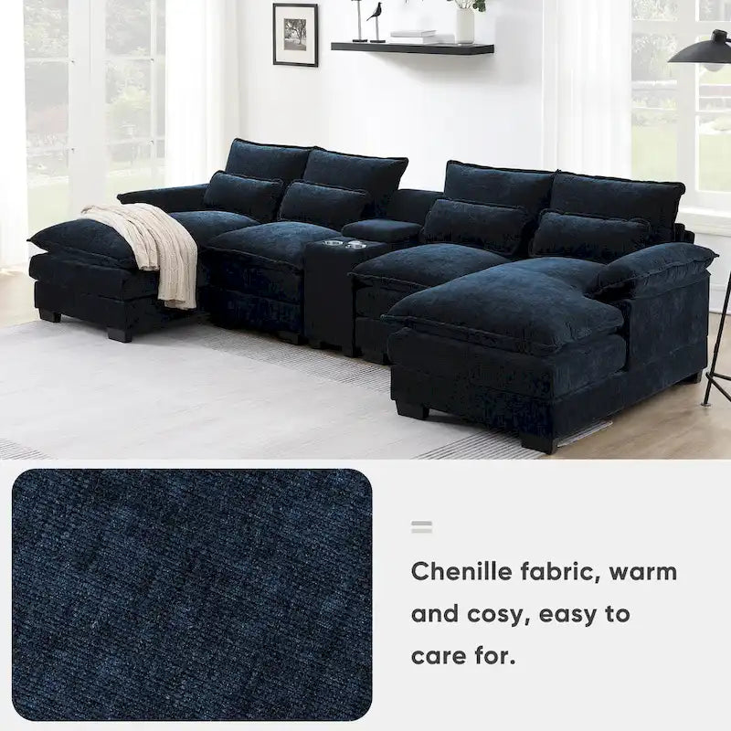 123*55 Contemporary U-Shaped Sofa with Console, Cup Holders, USB Ports, Upholstered Sleeper Couch Set with Chaise - image 5
