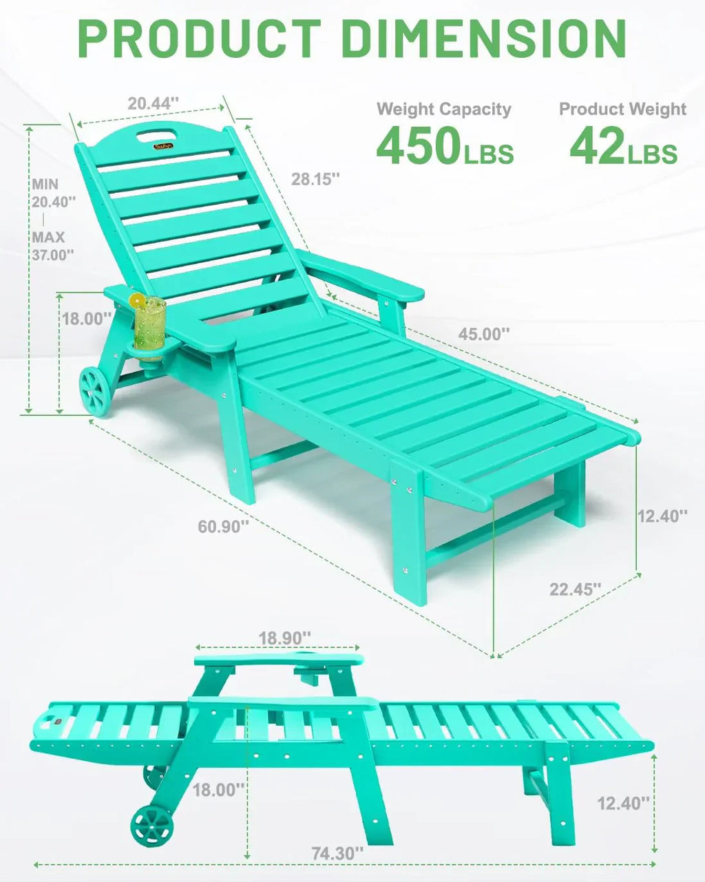 Lounge Chair Outdoor, Chaise Lounge, HDPE 6-Position Outdoor Chaise Lounge, Patio Lounge Chair with Wheels & Cup Holder for Pool Poolside Deck Backyard, Teak - image 53