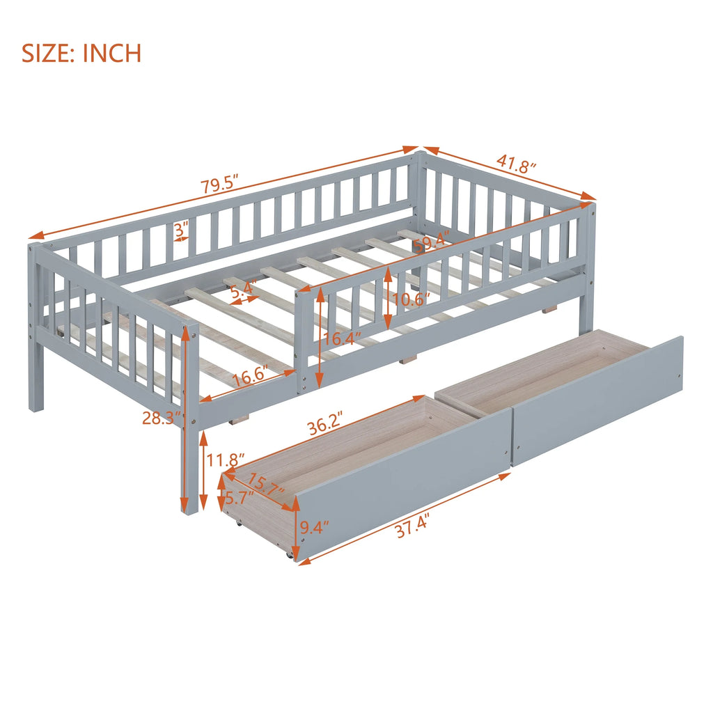 Holaki Twin Size Wood Bed with Guardrails and 2 Storage Drawers for Kids, Gray - image 10