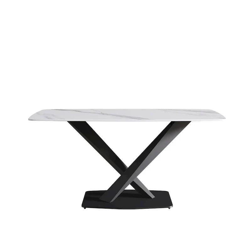 63-Inch Contemporary Dining Table with Slate Stone Surface and Metal Legs, Marble Finish - image 29