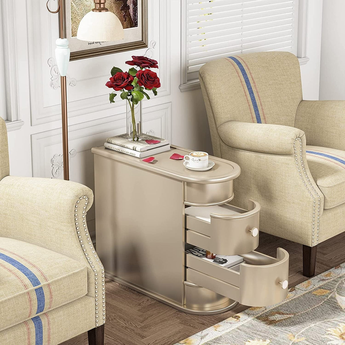 Solid Wood Chairside End Table, Two-Drawer Narrow Side Table Slim - image 4