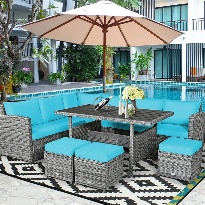 7 Pcs Rattan Patio Dining Furniture Sectional Sofa Set with Dining Table, Ottomans & Cushions - image 36