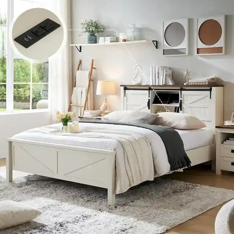Farmhouse Platform Bed with Storage Headboard Sliding Doors and Charging Station - image 1