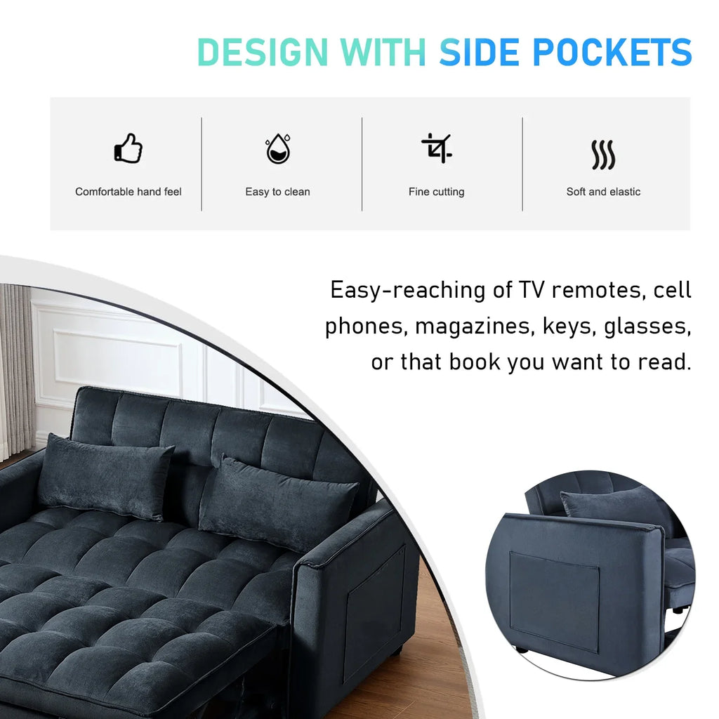 3 in 1 Convertible Sleeper Sofa Bed, Futon Couches for Living Room with Side Pocket / Adjustable Backrest/ Velvet Fabric / Pull Out Couch / Love-seat sofa/ Sectional Sofa Bed/ 2-seat sofa bed - image 7