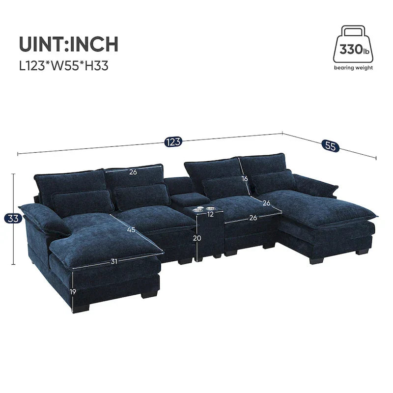 123*55 Contemporary U-Shaped Sofa with Console, Cup Holders, USB Ports, Upholstered Sleeper Couch Set with Chaise - image 3