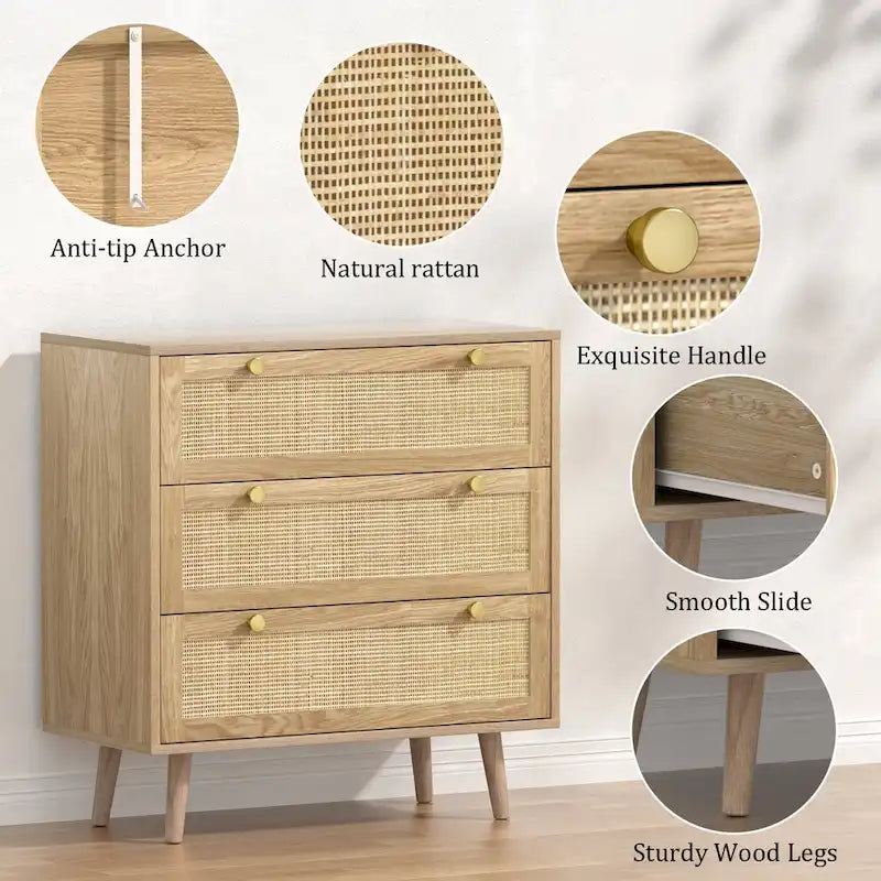Modern Boho 3-Drawer Rattan Dresser - Stylish Chest of Drawers with Ample Storage for Your Bedroom - image 6