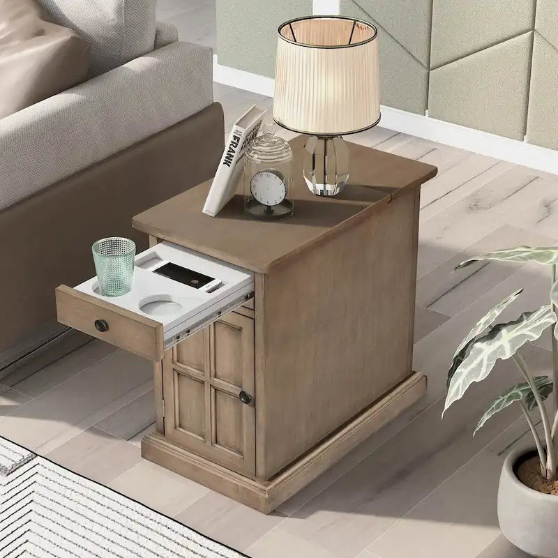 Retro-Inspired Living Room Side Table with USB Ports, Multifunctional Drawer, and Cup Holders - image 2