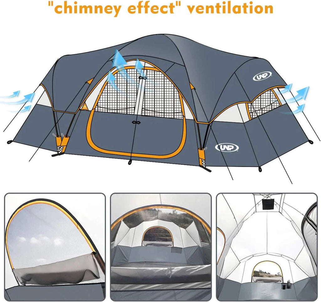 UNP Camping Tent 10-Person-Family Tents, Parties, Music Festival Tent, Big, Easy Up, 5 Large Mesh Windows, Double Layer, 2 Room, Waterproof, Weather Resistant, 18ft x 9ft x78in - image 42