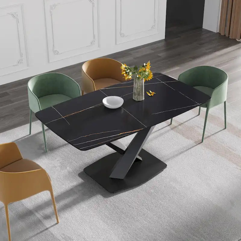 63-Inch Contemporary Dining Table with Slate Stone Surface and Metal Legs, Marble Finish - image 33