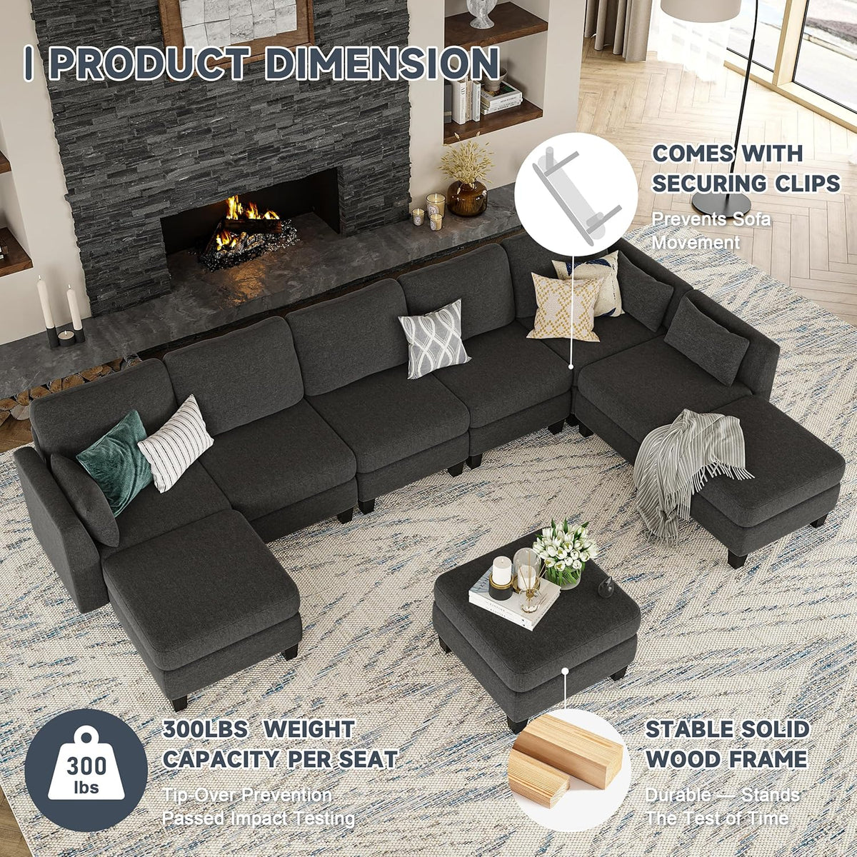 Modular Sectional Sofa, Convertible U Shaped Sofa Couch with High Density Memory Foam, 6 Seat Comfy Modular Sofa Couch for Living Room, Modern U Shaped Sectional Sofa, Dimgrey - image 9