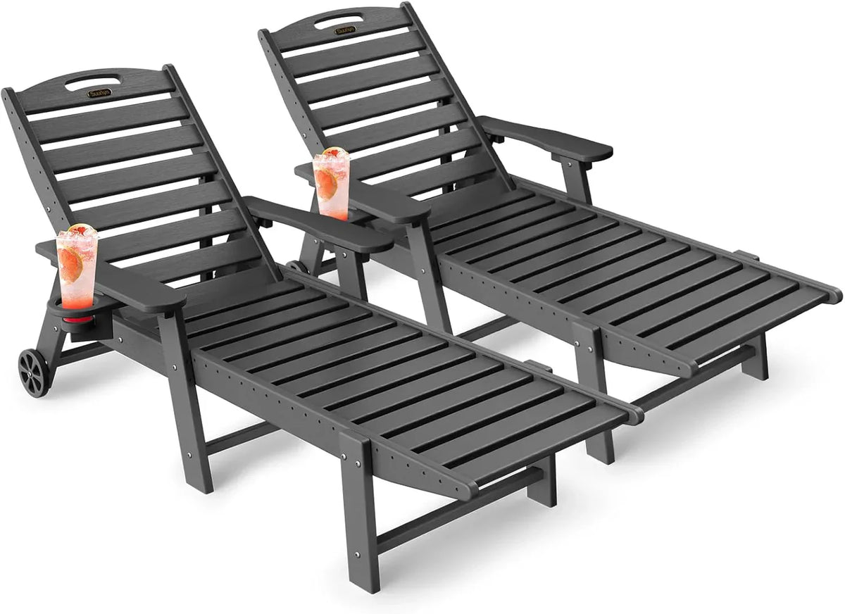 Lounge Chair Outdoor, Chaise Lounge, HDPE 6-Position Outdoor Chaise Lounge, Patio Lounge Chair with Wheels & Cup Holder for Pool Poolside Deck Backyard, Teak - image 4