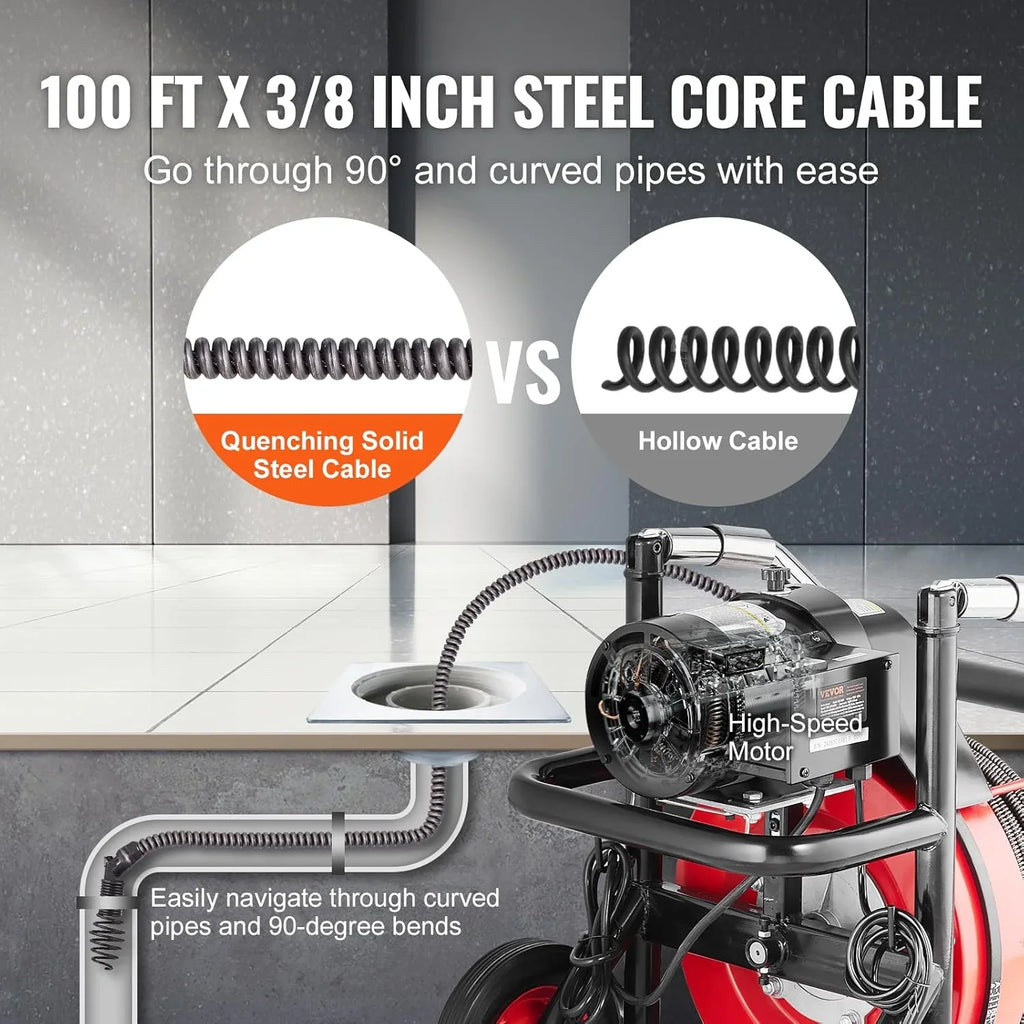 Drain Cleaner Machine 100FT x 1/2 Inch, Auto Feed Sewer Snake Auger on Wheels, 550W Portable Drain Cleaning Machine with 8 Cutters & Air-activated Foot for 2" to 4" Pipes - image 6
