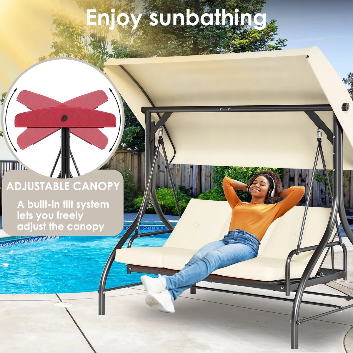 Pirecart 3 Person Patio Porch Swing Outdoor Converting Swing Glider Hammock with Adjustable Canopy, Cushions, Red - image 18