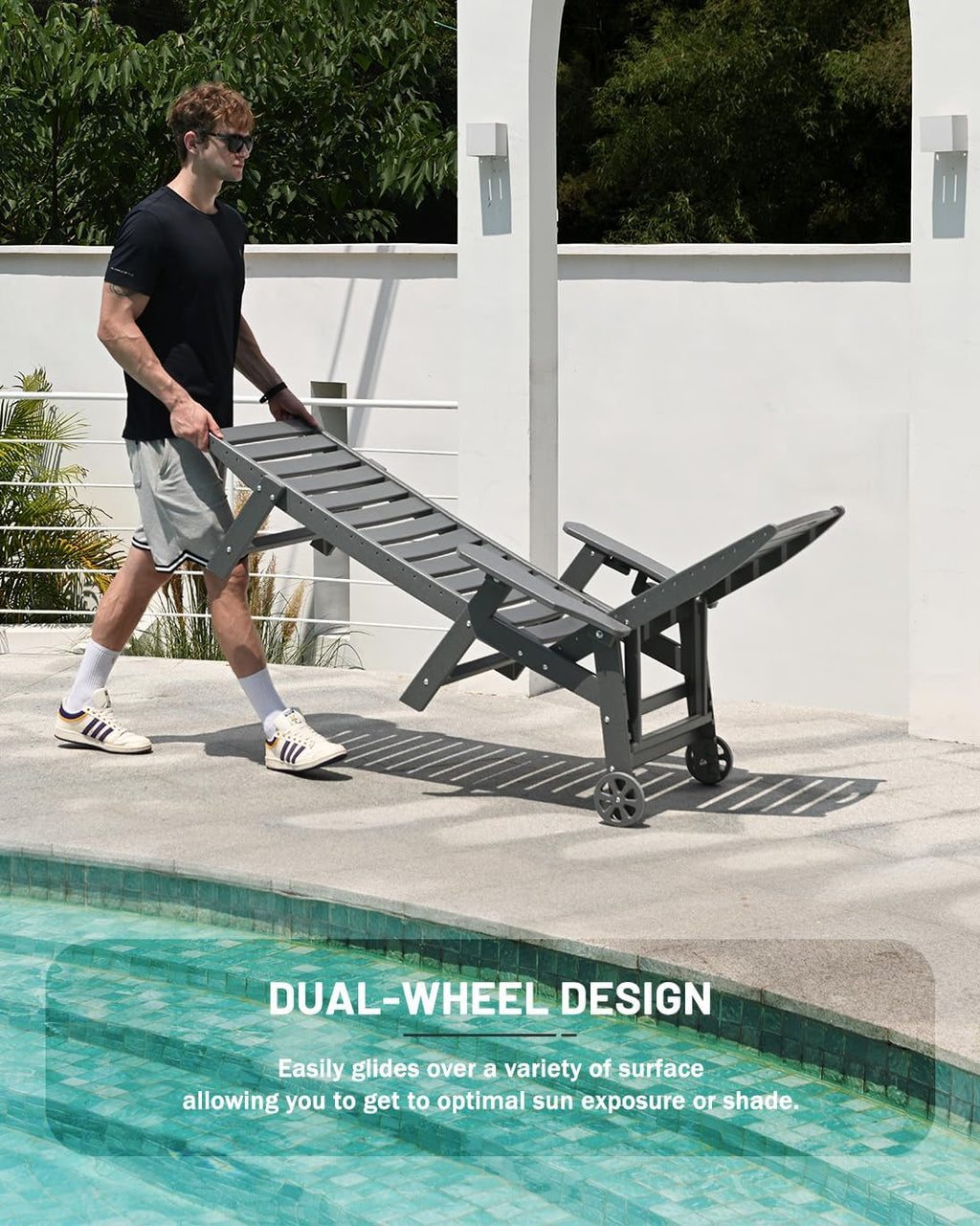 Lounge Chair Outdoor, Chaise Lounge, HDPE 6-Position Outdoor Chaise Lounge, Patio Lounge Chair with Wheels & Cup Holder for Pool Poolside Deck Backyard, Teak - image 47