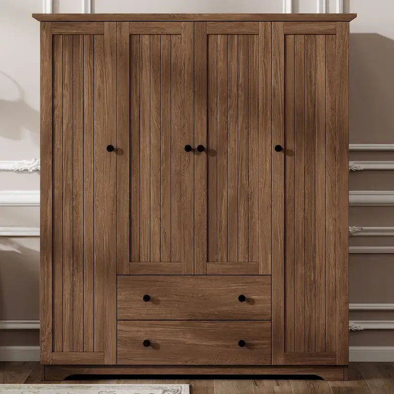Freestanding 4-Door Wardrobe Armoire with 2 Drawers and Hanging Rods for Clothes Storage - image 17