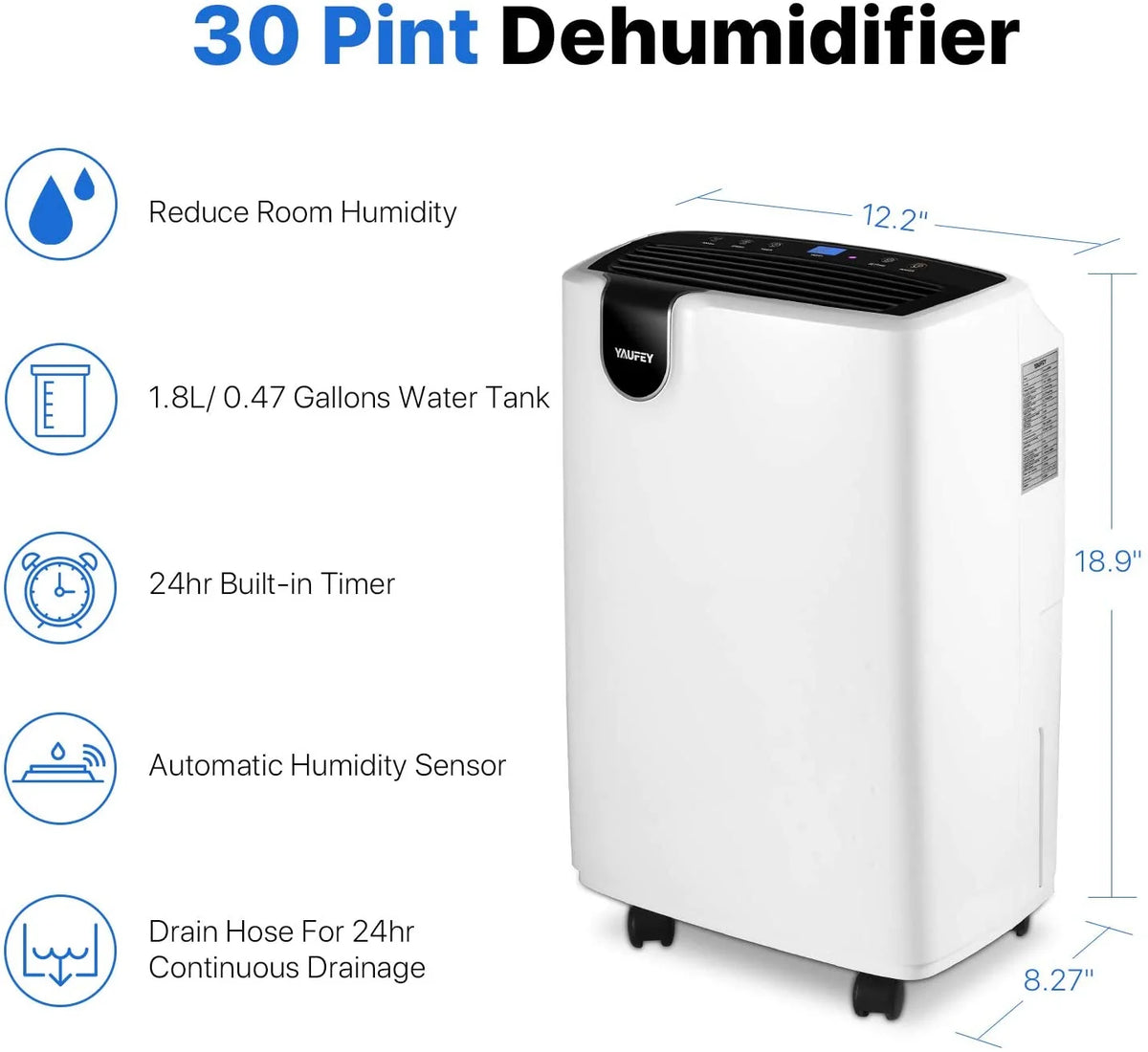 30 Pint Dehumidifier for Home Basements Bedroom Garage, Mid-Size Portable with Continuous Drain Hose Outlet and Wheel, 4 Gallons/Day Intelligent Humidity Control for Space Up to 1500 Sq Ft - image 7