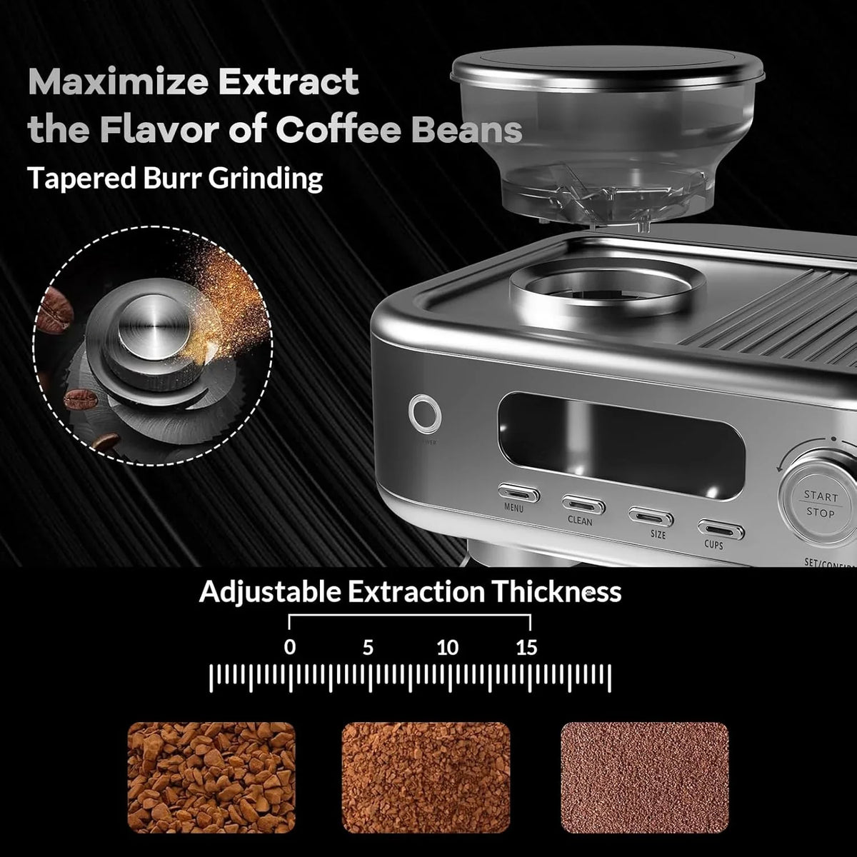 Espresso Machine with Grinder, Professional Coffee and Espresso Maker Combo, Stainless Steel Cafe Espresso Machine with Steam Wand Barista Kit for Cappuccino Latte - image 3