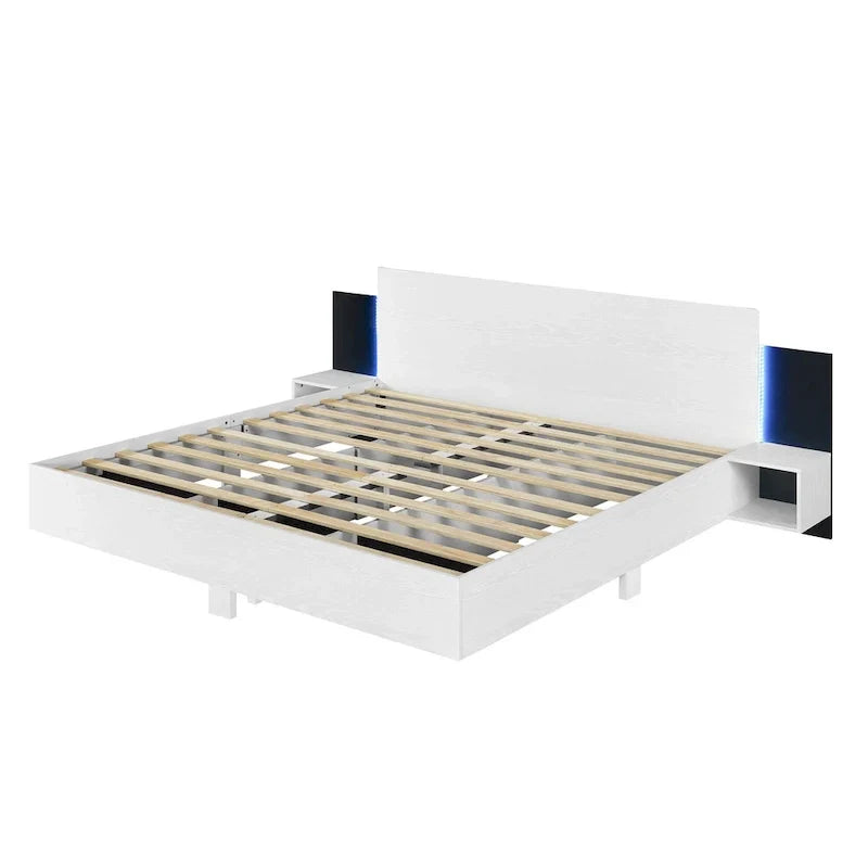 Modern King Size Wooden Floating Bed Frame with Nightstand and LED - Slatted Support Design - image 25