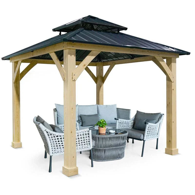 10 x 10 FT Outdoor Patio Hardtop Gazebo with Wood Frame & 2-Tier Metal Roof, All-Weather Gazebo Pergolas Shelter - image 3
