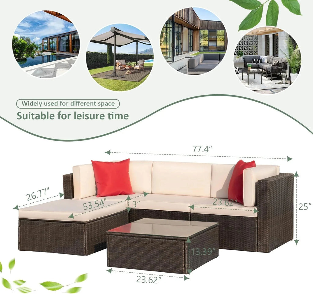 Devoko 5 Pieces Patio Furniture Sets All Weather Outdoor Sectional Patio Sofa Manual Weaving Wicker Rattan Patio Seating Sofas with Cushion and Glass Table(Beige) - image 9
