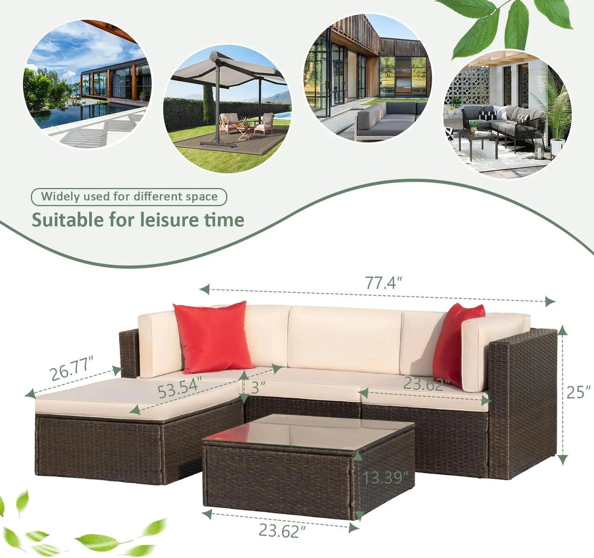Devoko 5 Pieces Patio Furniture Sets All Weather Outdoor Sectional Patio Sofa Manual Weaving Wicker Rattan Patio Seating Sofas with Cushion and Glass Table(Beige) - image 9