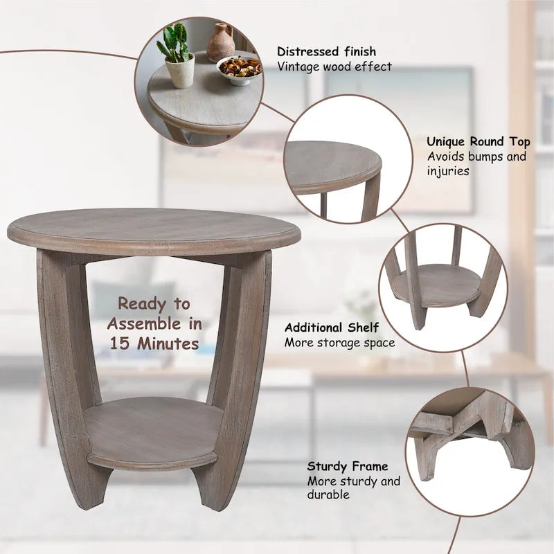 COZAYH Set of 2 Rustic Farmhouse End Tables with Storage Shelf - Vintage Grey French Country Accent Side Tables - image 6
