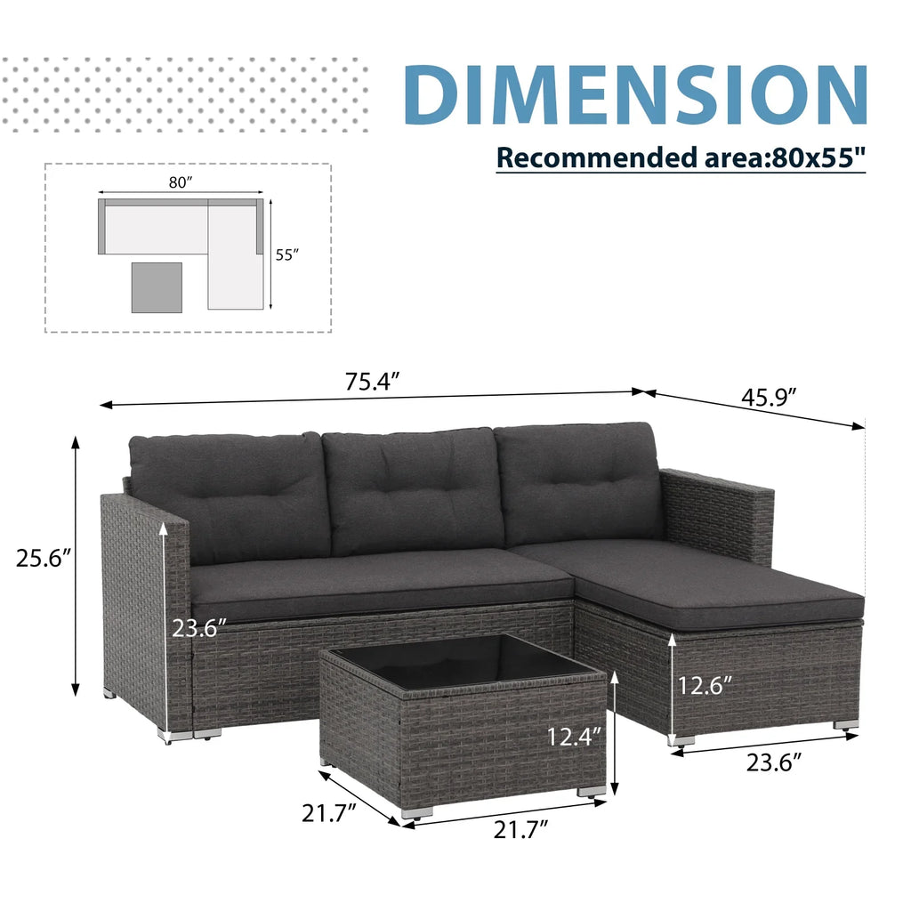 JOIVI 3 Pieces Patio Conversation Set, PE Wicker Rattan Outdoor Furniture Set, 2 Ways Small Sectional Sofa, Tempered Glass Coffee Table, Silver-Gray - image 40
