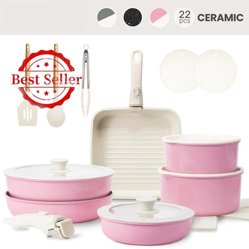 Non-Toxic Nonstick Ceramic 22 pcs pots and pans set complete Cookware Set with Lids,Detachable Handle,PFAS-Free,Dishwasher Oven Safe,Kitchen Outdoorfun Induction Compatible - image 2