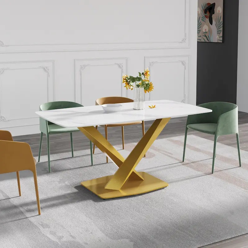 63-Inch Contemporary Dining Table with Slate Stone Surface and Metal Legs, Marble Finish - image 8