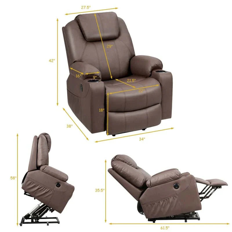Electric Power Lift Recliner, Leather Massage Reclining Sofa, Elderly Lift Chair with Lumbar Heating & 8 Vibrating Nodes, Cup Holder, USB Port - image 13