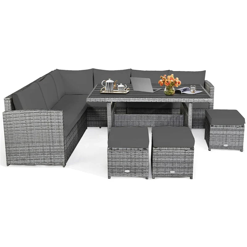 7 Pcs Rattan Patio Dining Furniture Sectional Sofa Set with Dining Table, Ottomans & Cushions - image 48