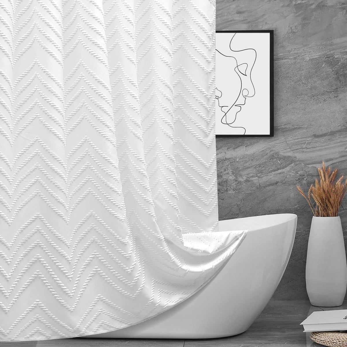 TURKIO White Boho Fabric Shower Curtain 72 x 72 Inches, Modern Shabby Chic Textured Tufted Chevron Striped Minimalist Cloth Bathroom Shower Curtain - image 1