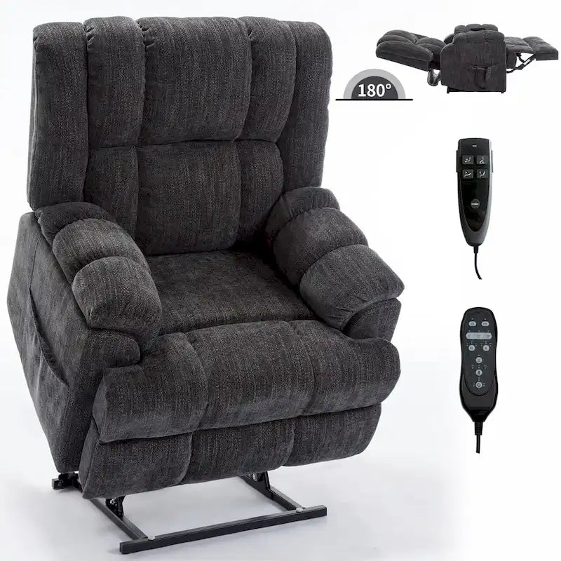 Grey Oversized Chenille Power Lift Recliner with Massage, Heating, and Flat Lay Feature - image 11