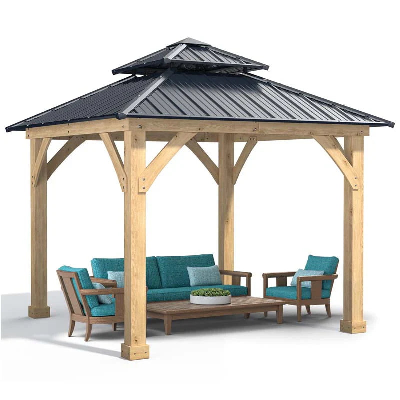 10 x 10 FT Outdoor Patio Hardtop Gazebo with Wood Frame & 2-Tier Metal Roof, All-Weather Gazebo Pergolas Shelter - image 2