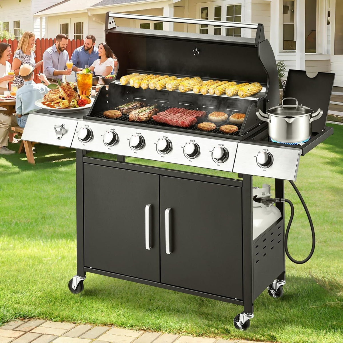 Upgraded 4 Burner BBQ Propane Gas Grill with Cast Iron Grates & Side Stove, 44,000 BTU Stainless Steel Burner Barbecue Grill for Patio, Camping, Outdoor Cooking. - image 6