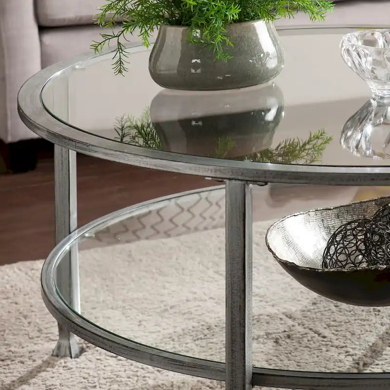 Glenn Distressed Silver Round Coffee Table with Glass Top and Shelf by SEI Furniture - image 2
