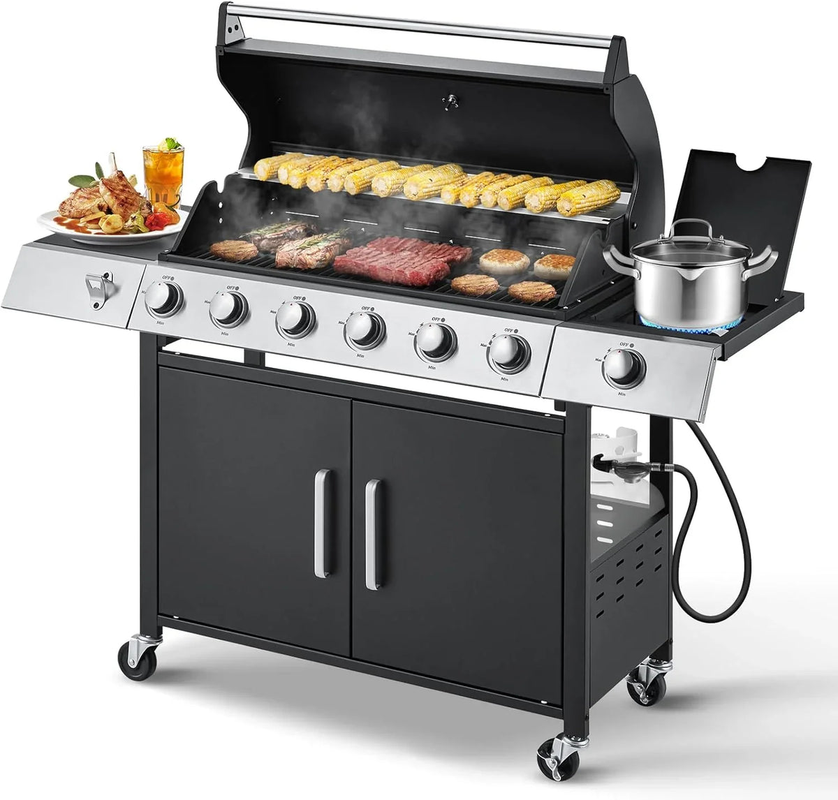 Upgraded 4 Burner BBQ Propane Gas Grill with Cast Iron Grates & Side Stove, 44,000 BTU Stainless Steel Burner Barbecue Grill for Patio, Camping, Outdoor Cooking. - image 1