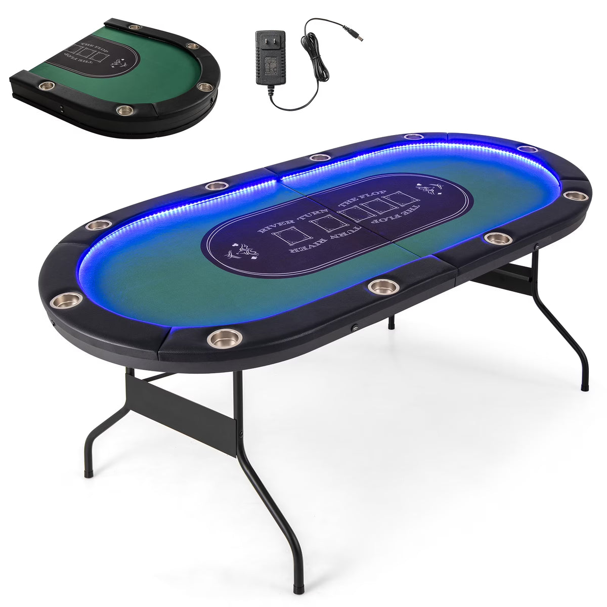 Costway Foldable, USB Ports, LED Lights 10 Player Poker Table, Blue/Black - image 3