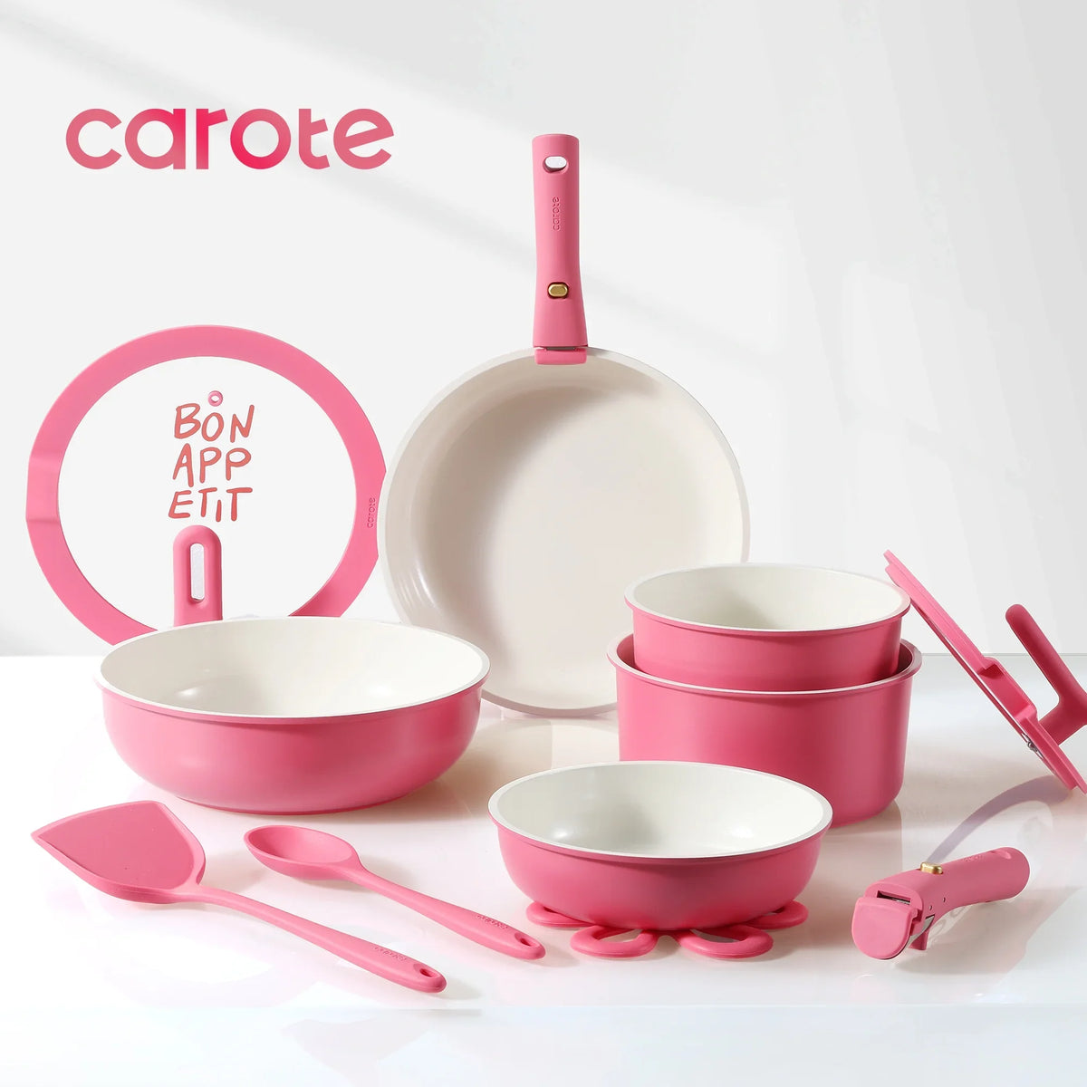 Carote 18 Pcs Ceramic Nonstick Cookware Set, Pots and Pans Set with Detachable Handles, Oven/Dishwasher Safe, Stackable Kitchen Cooking Set, White - image 14
