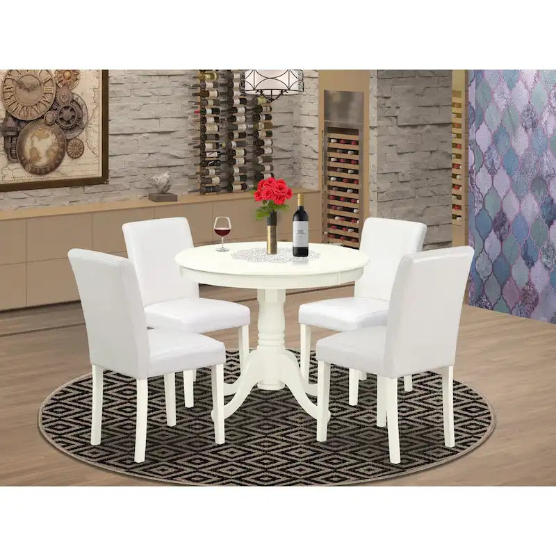 East West Furniture Round Dining Table Set - Kitchen Table with White Faux Leather Parson Chairs in Linen White (Various Piece Options) - image 10
